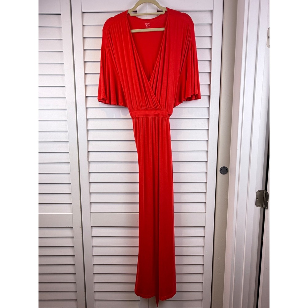 LOFT Beach Maxi Dress XL Red Flutter Sleeve Faux Wrap Jersey NEW
